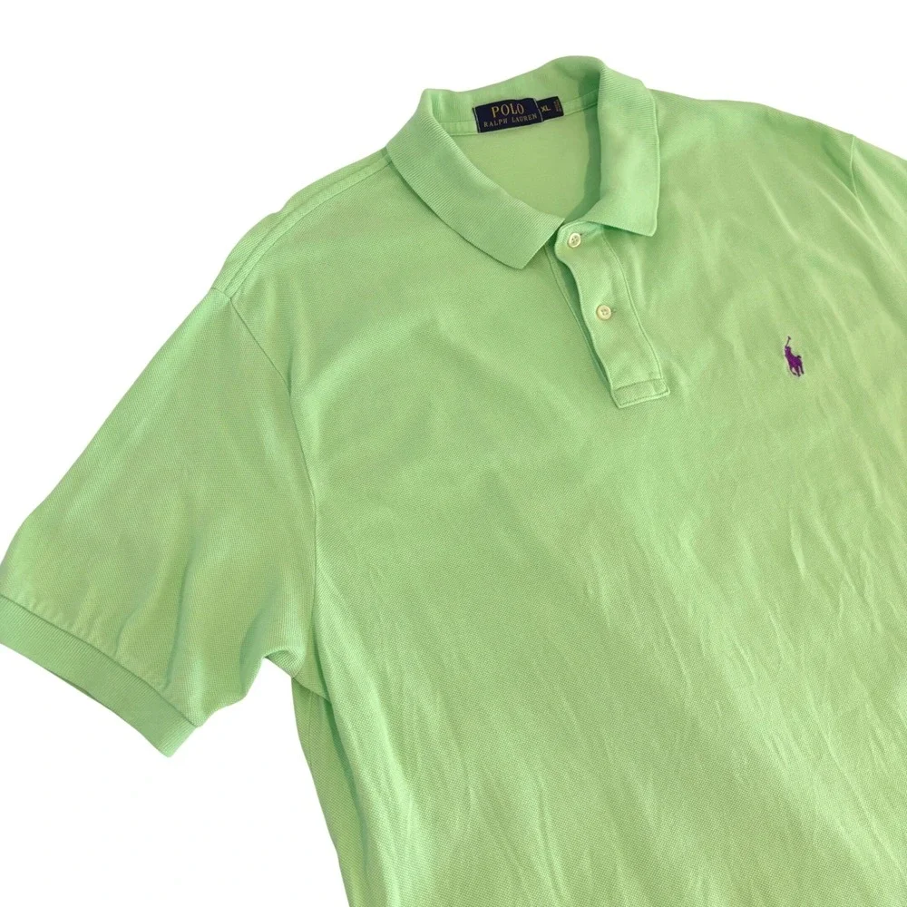Polo Ralph Lauren Lime Green Polo Shirt Mens XL Short Sleeve Purple Pony Logo